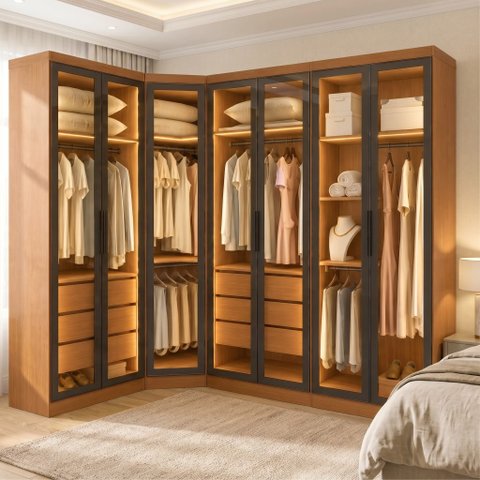 Guarda-Roupa Modulado Reflecta com LED Canto Oblíquo 7 Portas 6 Gavetas MDF Cairo Marrom/Cinamomo
