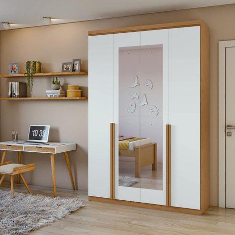 Guarda-Roupa Solteiro 100%MDF Alonzo 4 Portas com Espelho Amendoa/Branco