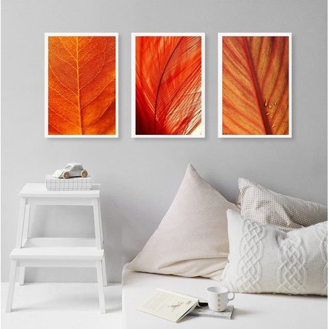 Kit 3 Quadros Decorativos Folhas Alaranjadas 24x18cm - com Vidro:madeira Preta