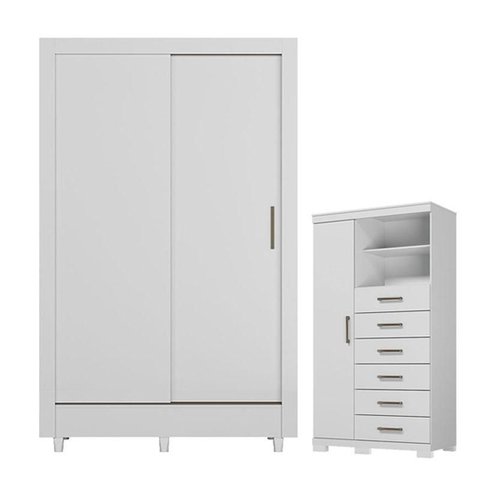 Guarda Roupa Bélgica 2 Portas e Cômoda Marabá com Pés Branco Brilho - Santos Andirá