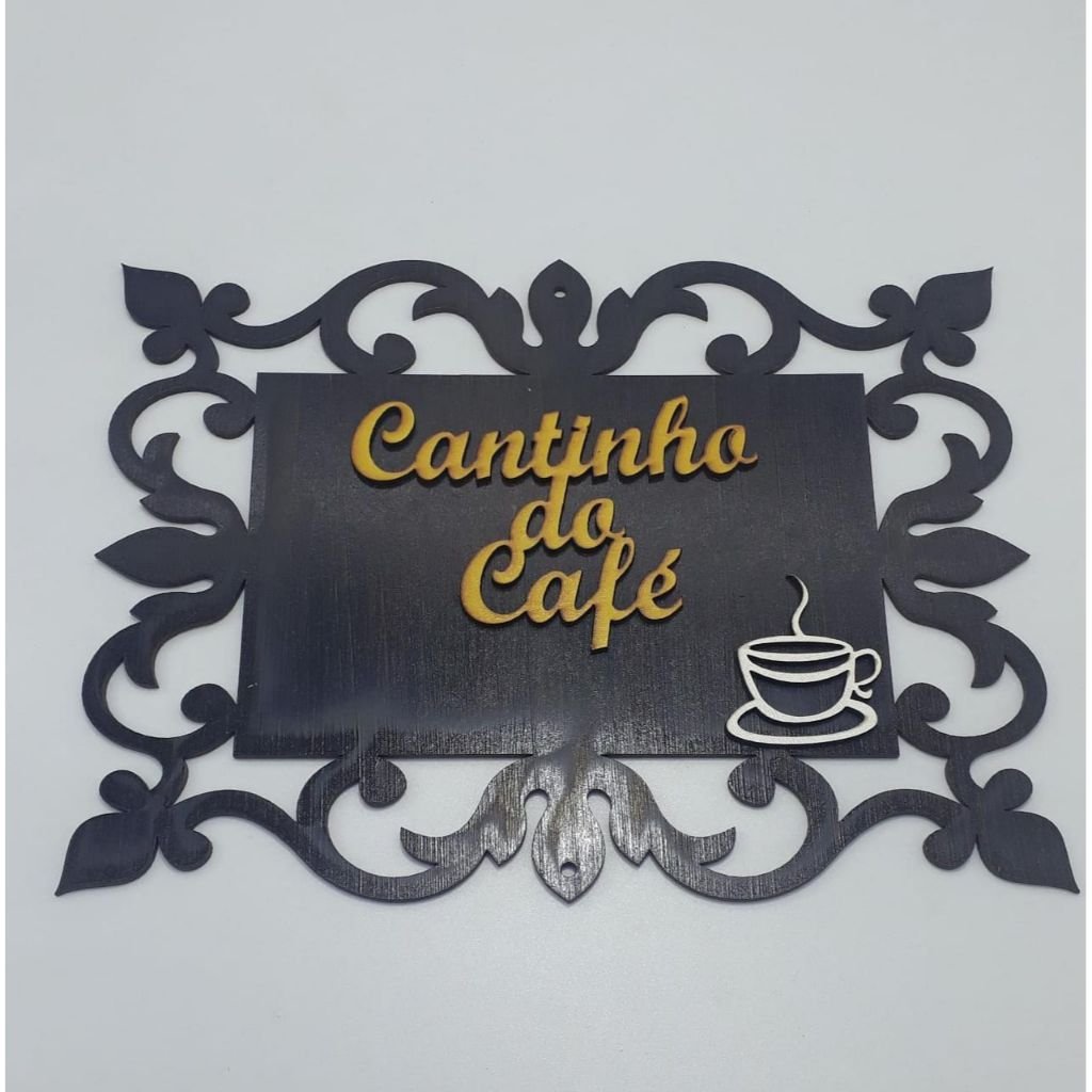 Cantinho do Café Quadro Placa Plaquinha Decoração Moderna Madeira Mdf: Marrom Escuro Letra Amarela