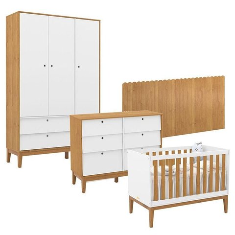 Quarto de Bebê Unique 3 Portas com Cômoda 6 Gavetas e Painel Farm Branco Soft Freijó Eco Wood - Mati