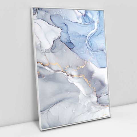 Quadro Decorativo em Canvas Abstrato Mármore Azul Celeste TaColado Moldura Flutuante 4,5cm Branca 90