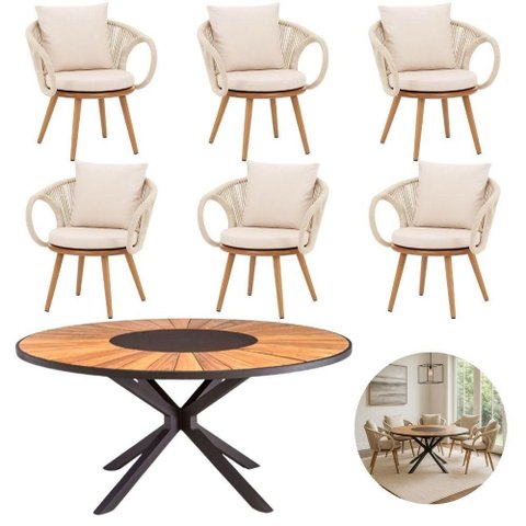 Conjunto de Mesa e Poltronas Zurick 6 Lugares Tampo em MDF com Corda Náutica 150cm Nossa Kasa