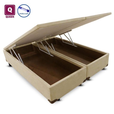Base Box Baú Queen Size com Pistão a gás bege suede Bipartido - 158x198x27:BEGE