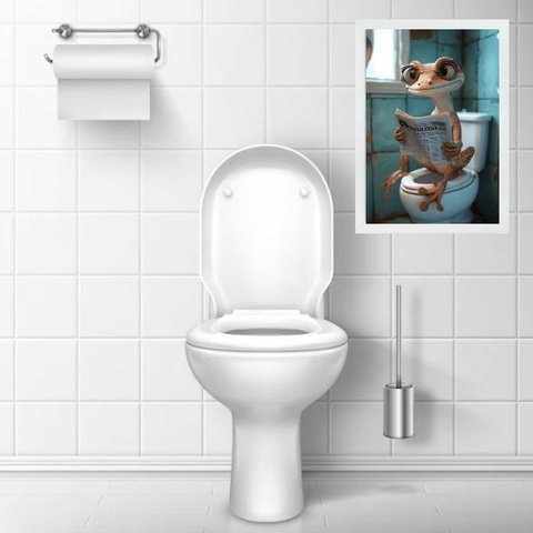Quadro Divertido Banheiro Lagartixa Lendo Jornal 45x34cm - com Vidro:moldura Branca