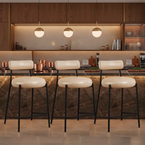 Banqueta Cozinha Média com Encosto Kit 3 Industrial Preto Londres PU Facto D03 - D'Rossi
