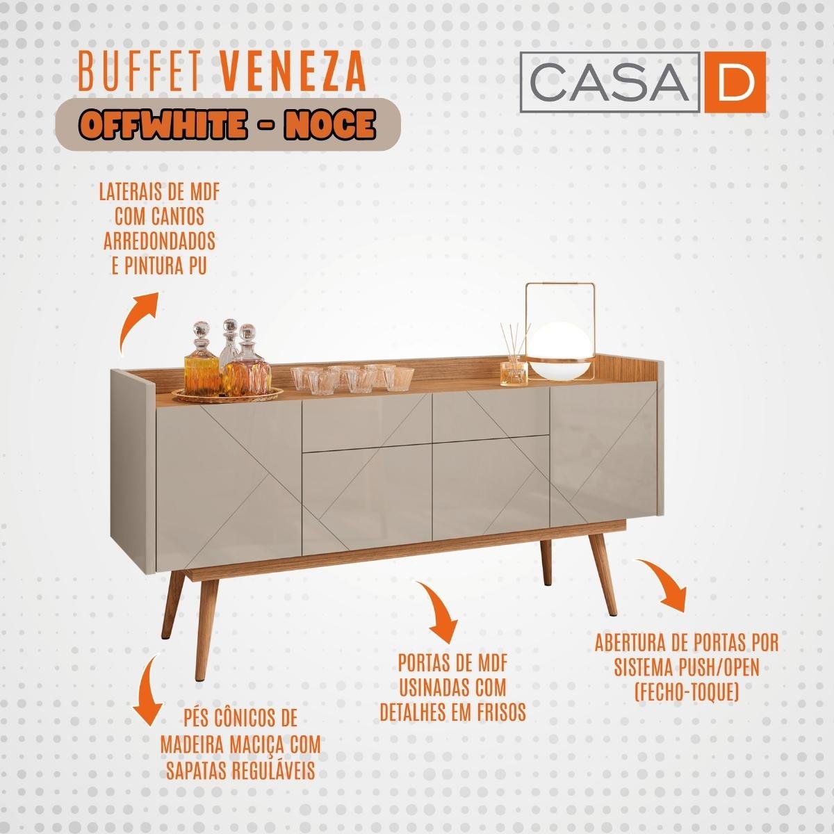 Buffet Veneza com Pés de Madeira 4 Portas e 2 Gavetas Versátile - 3