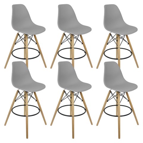 Kit 6 Banquetas Charles Eames Eiffel Wood Design Base Fixa Madeira - Cinza