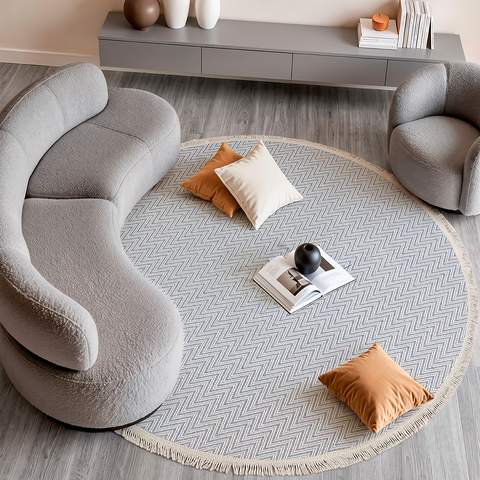 Tapete Redondo Sala Quarto 100% Algodão Estampa Zigzag Franja Lavável Antiderrapante Decoração Boho