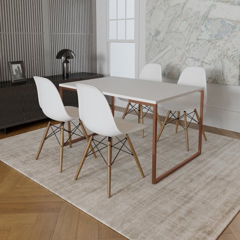 Mesa Industrial Base Ferro Cobre 137x75 Tampo Branco 4 Cadeiras Eiffel Madeira Assento Branco