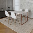 Ver imagem 1 de Mesa Industrial Base Ferro Cobre 137x75 Tampo Branco 4 Cadeiras Eiffel Madeira Assento Branco