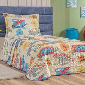 Enxoval Kit Colcha + Jogo de Cama Lençol Bouti Solteiro Infantil Kids 4 Peças - Dino