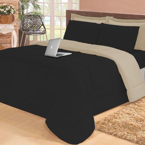 Kit 6 Pçs com Cobre Leito Aconchego Casa Dona Dupla Face Casal Queen Preto e Bege