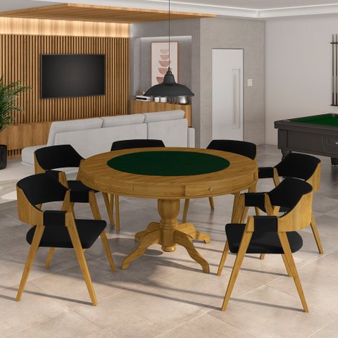 Conjunto Mesa de Jogos Carteado Bellagio Tampo Reversível e 6 Cadeiras Madeira Poker Base Estrela Ve