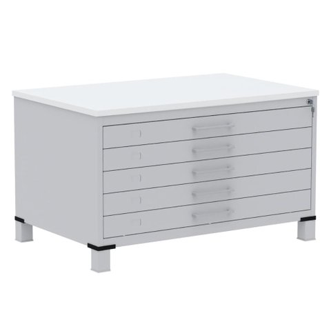 Mapoteca 5 Gavetas Pandin 120 Cm (larg) Inmetro Tampo Mdp Branco Estrutura Aço Cinza Gavetas Cinza