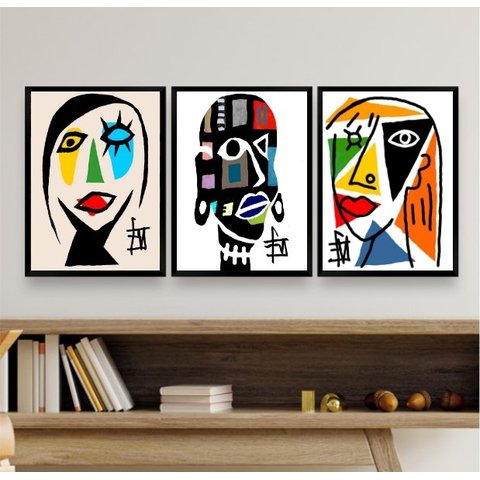 Kit Composição 3 Quadros Mulheres Coloridas Abstrato 24x18cm - com Vidro:madeira Branca