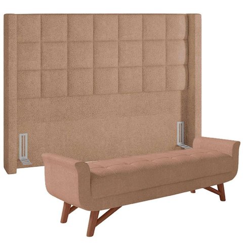 Kit Cabeceira Cama Box Paris 140cm com Puff Recamier Itália P05 Bouclê Bege