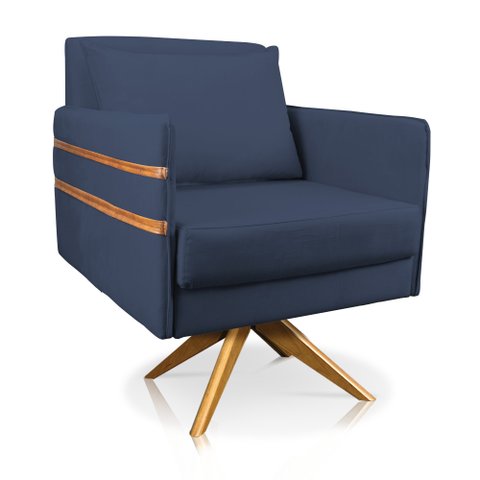 Poltrona Giratória Mari Suede Azul Marinho Base de Madeira MA30 - D’Rossi