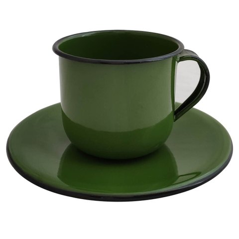 Caneca Esmaltada Xícara com Pires para Chá Café 180ml