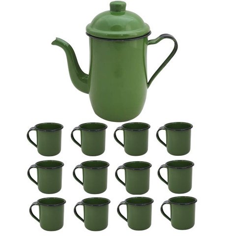 Bule Café Esmaltado 1,25 Litros e 12 Xícaras 70ml Tradicional Verde Botânico