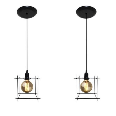 Kit com 2 Lustres Pendentes Aramado Quadrado - Estilo Retrô - Preto