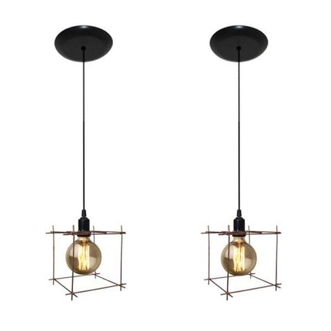 02 Lustres Pendentes Aramado Quadrado - Estilo Retrô - Cobre