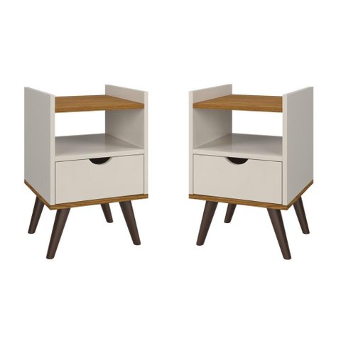 Mesa de Cabeceira Alice com 2 Unidades Gaveta e Pés Retro Off White/Freijó