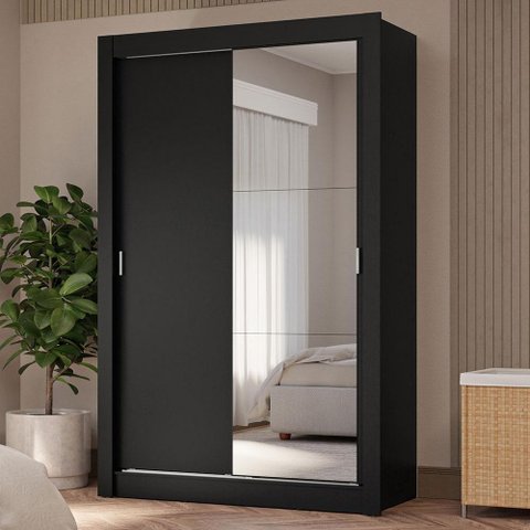 Guarda-roupa Solteiro 2 Portas de Correr com Espelho 4 Gavetas Preto Vivare Plus Madesa Preto