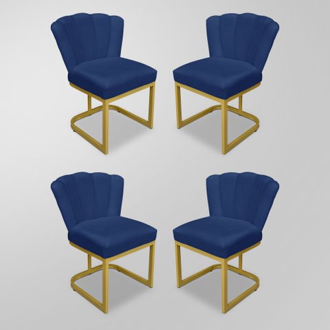 Kit 04 Cadeiras Flor Salão Azul Marinho - Base Ferro Dourado