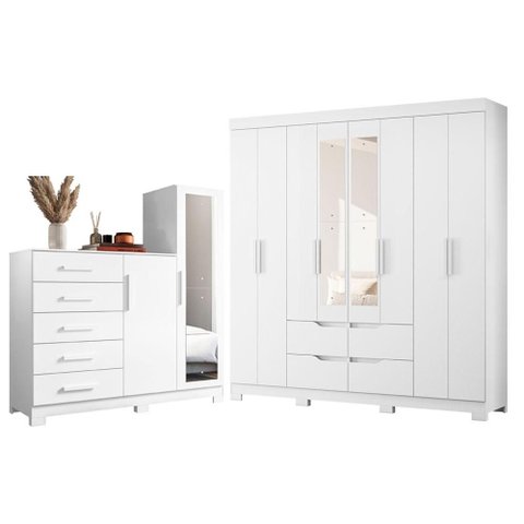 Guarda Roupa Casal Doble 08 Portas com Espelho e Cômoda New Master Branco - Móveis Albatroz