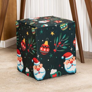 Capa de Puff Quadrado Avulsa Estampada Natalina Ajustável com Elástico - Tecido Veludo Suede Decoraç