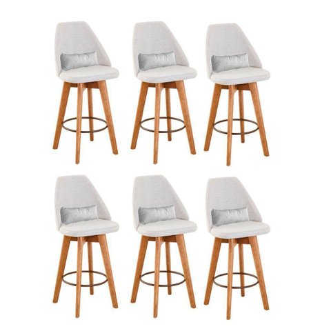 Kit 06 Banquetas Linho Bege e Almofada Sintético Branco