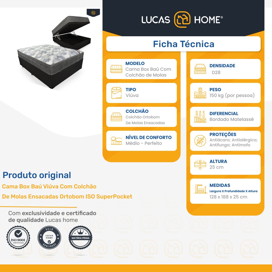 Cama Box Baú Viúva + Colchão de Molas Ensacadas Ortobom Iso Superpocket 128cm - 7
