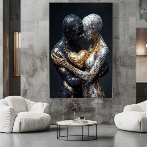 Quadro Decorativo a Conexão entre Almas Dourado Prata Sala Quarto Casa Escritório