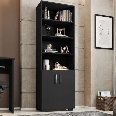 Livreiro Office Samara Preto Tx com 2 Portas e 5 Prateleiras 180cm Altura Mdp
