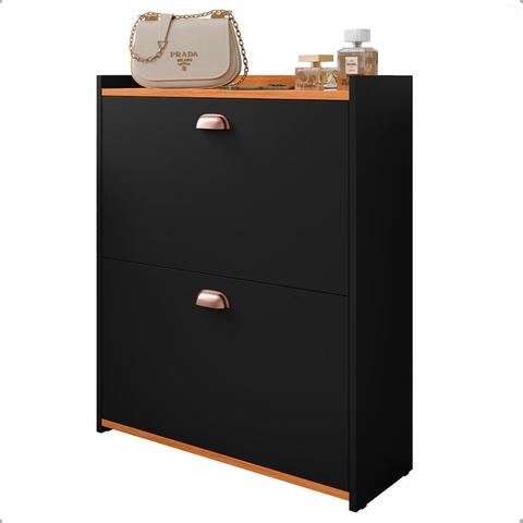 Sapateira Hall Entrada Sapatos 2 Portas Puxador Concha Closet - Preto / Cinamomo