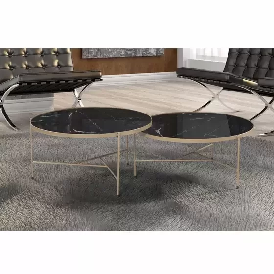 Conjunto Mesa De Centro Italia Marmorizado Metal Champanhe