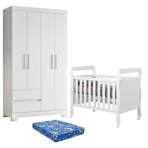 Berço Americano Mini Cama Soninho com Colchão Ortobom com Guarda Roupa Olimpia 4 Portas Branco Flex 