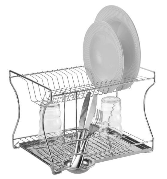 Escorredor De Louça Duplo Com Bandeja Inox - Prata com Metalico ...