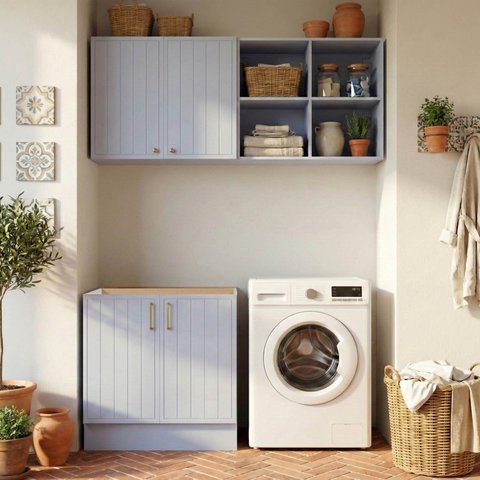 Lavanderia Modulada 3 Peças 1 Aéreo 1 Balcão sem Tampo 1 Nicho 80cm Marselha CabeCasa MadeiraOriginals Azul/Sereno