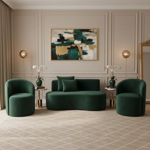 Conjunto Decorativo 02 Poltronas + Sofá Curvo Orgânico Nature Gaia Veludo Verde - Montanaris Decor