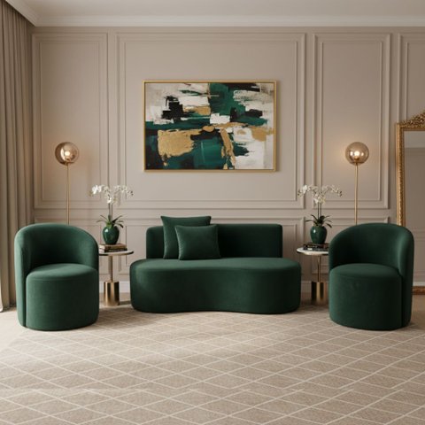 Conjunto Decorativo 02 Poltronas + Sofá Curvo Orgânico Nature Gaia Veludo Verde - Montanaris Decor
