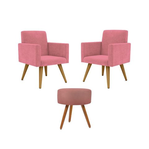 Kit 02 Poltronas Decorativas Pés Palito + 1 Puff Cor:rosa