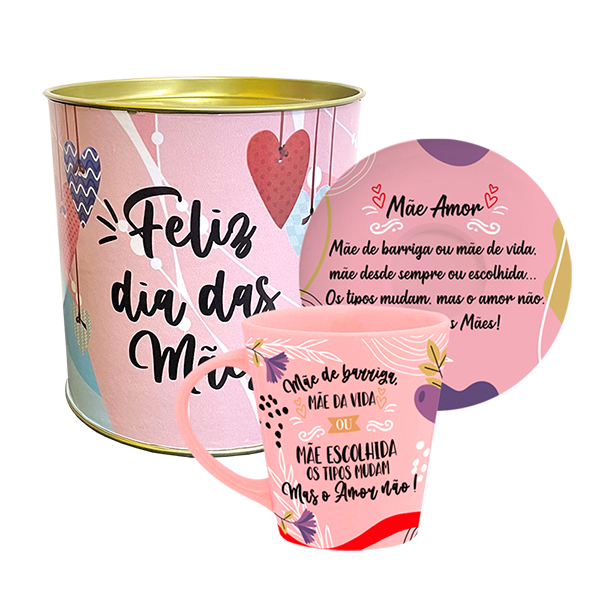 KIT CANECA DROP ROSA + PRATO - TIPOS DE MAES - MAE DE CORACAO - 1