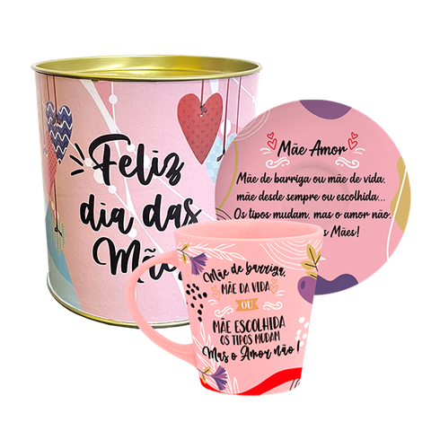 KIT CANECA DROP ROSA + PRATO - TIPOS DE MAES - MAE DE CORACAO