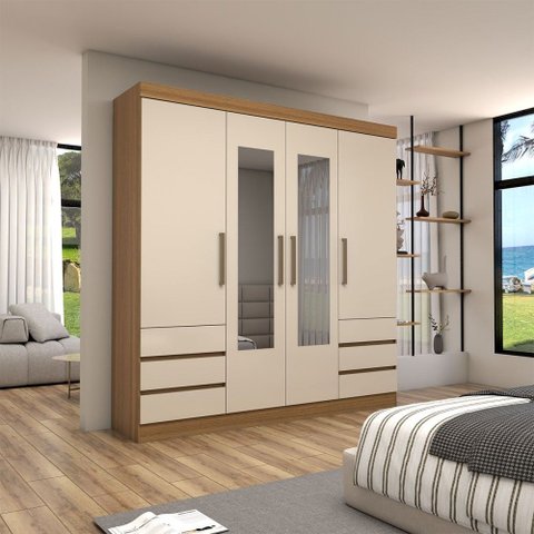 Guarda-roupa Casal Romenia Slim 4 Portas 6 Gavetas Amêndola/off White - Panorama Móveis