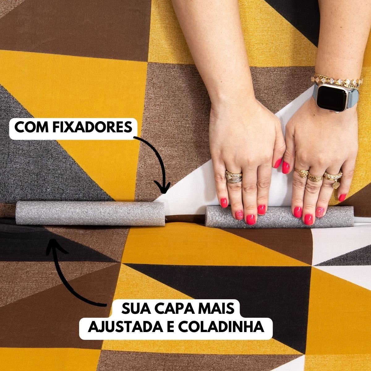 Capa de Sofá 2 Lugares Estampado com Fixador:marrom Geometrico - 4