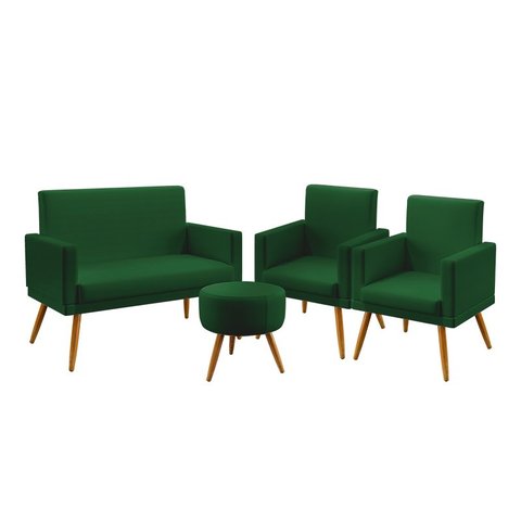 Kit Poltrona Namoradeira e 2 Poltronas Nina Rodapé com Puff Solar Suede Verde Aradecor