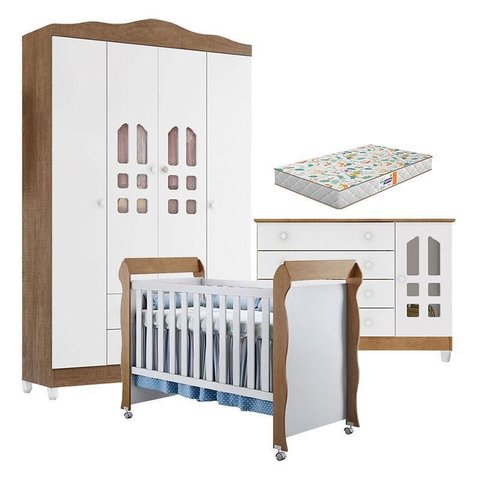 Quarto de Bebê New Selena 4 Portas com Cômoda Gran Selena e Berço Mirelle Branco Acetinado